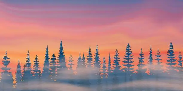 Vector illustration of Forest against the backdrop of a dramatic sunset.