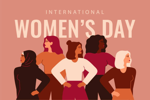International Women's Day card with Five strong girls of different cultures and ethnicities stand together. International Women's Day card with Five strong girls of different cultures and ethnicities stand together. Vector concept of gender equality and of the female empowerment movement. women stock illustrations