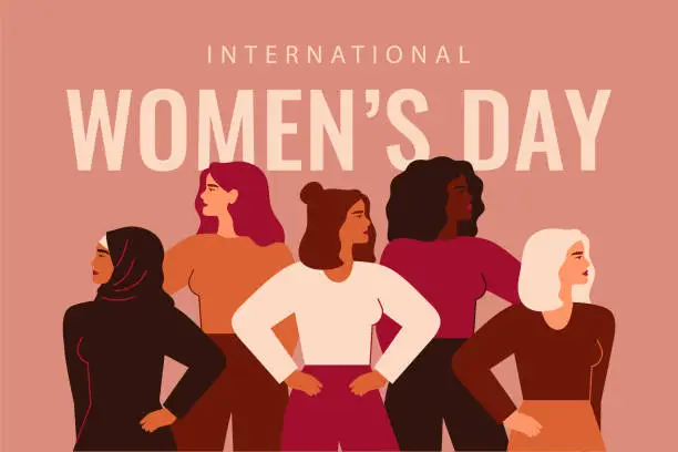 Vector illustration of International Women's Day card with Five strong girls of different cultures and ethnicities stand together.