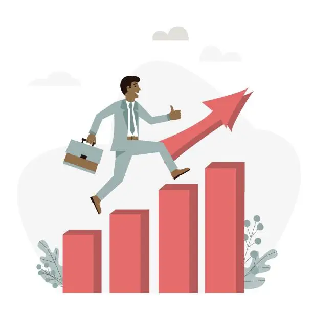 Vector illustration of Manager, businessman or company executive running on bar graph and up arrow. Flat design vector concept for growing business, investment, risk, career, success.