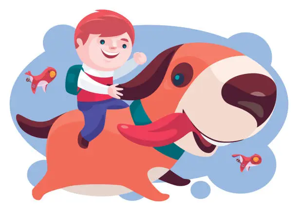 Vector illustration of kid with big dog and birds