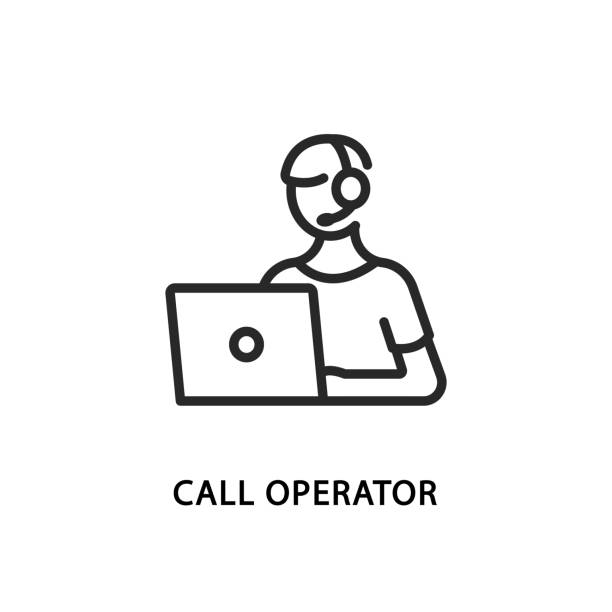 callcenter-operator-flachliniensymbol. vektor-illustration ein mann mit kopfhörern und einem mikrofon sitzt an einem computer. remote-mitarbeiter. - it support service customer service representative computer stock-grafiken, -clipart, -cartoons und -symbole