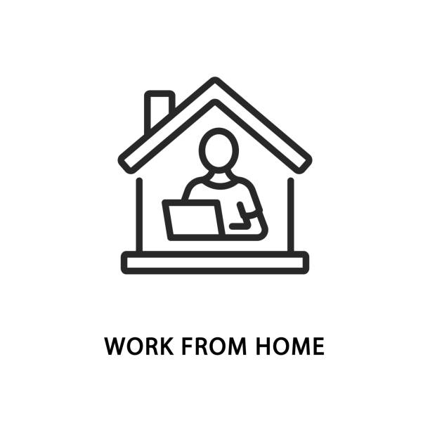 stockillustraties, clipart, cartoons en iconen met werk en studie vanuit huis platte lijn pictogram. vector illustratie externe werknemer. - thuiswerken