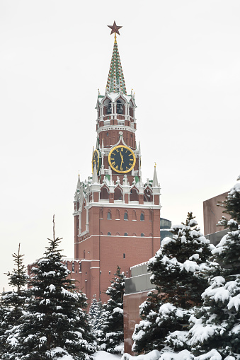 Spassky Tower of the Moscow Kremlin in winter. The dominant building on Red Square in Moscow.