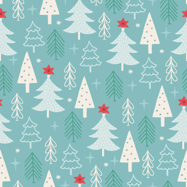 전나무 나무, 눈송이, 별크리스마스 원활한 패턴. 스칸디나비아 스타일 - pattern christmas paper seamless christmas stock illustrations