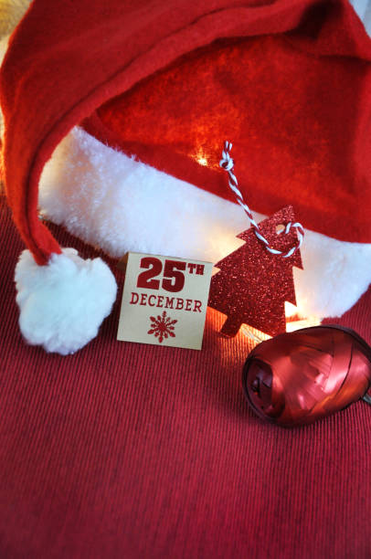 istock Christmas Date on paper Tag with Santa Hat on Red Background 1289173605
