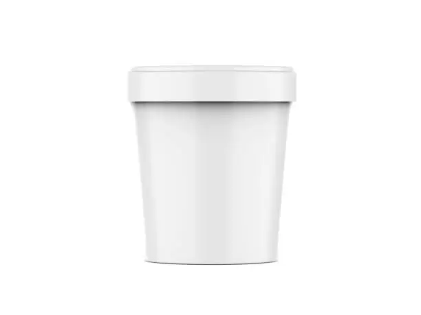 Photo of White ice cream tub mockup on isolated white background, realistic rendering of plastic box, 3d illustration