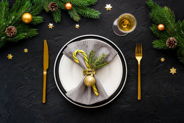 istock Flat lay of Christmas table setting with holiday decorations 1289178432