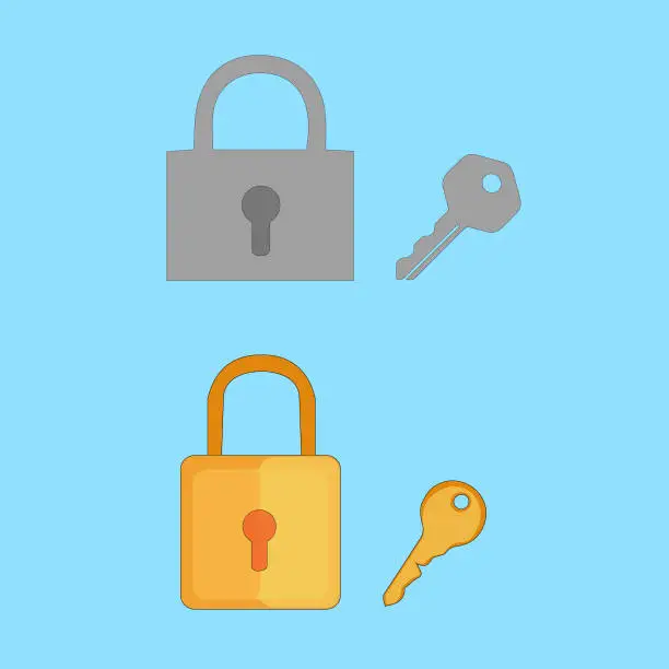 Vector illustration of Lock and key icons isolated on blue background