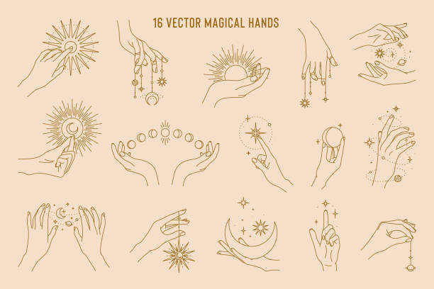 ilustrações de stock, clip art, desenhos animados e ícones de 16 vector magical hands set of logo template. linear style, minimal design. planets, moon phases, sun and stars. esoteric and mystical elements. - sketching drawing human hand horizontal