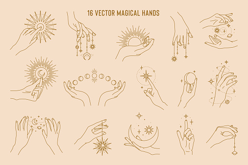 16 vector magical hands set of logo template. Linear style, minimal design. Planets, moon phases, sun and stars. Esoteric and mystical design elements.