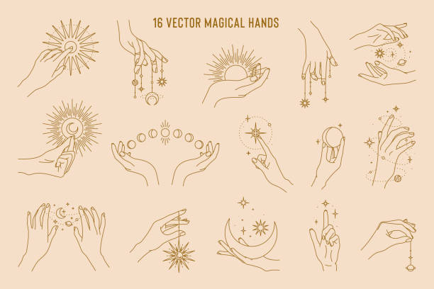 16 vector magical hands set of logo template. Linear style, minimal design. Planets, moon phases, sun and stars. Esoteric and mystical elements. 16 vector magical hands set of logo template. Linear style, minimal design. Planets, moon phases, sun and stars. Esoteric and mystical design elements. spirituality illustrations stock illustrations