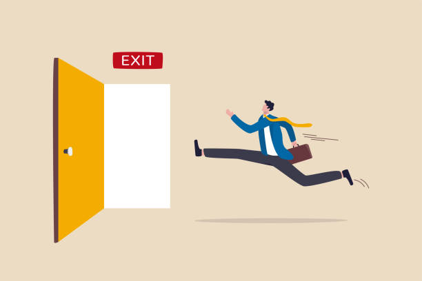 ilustrações de stock, clip art, desenhos animados e ícones de quit routine job, escape way or solution for business dead end to be success or exit from work difficulties concept, businessman worker in suit running in hurry to emergency door with the sign exit. - partindo ilustrações