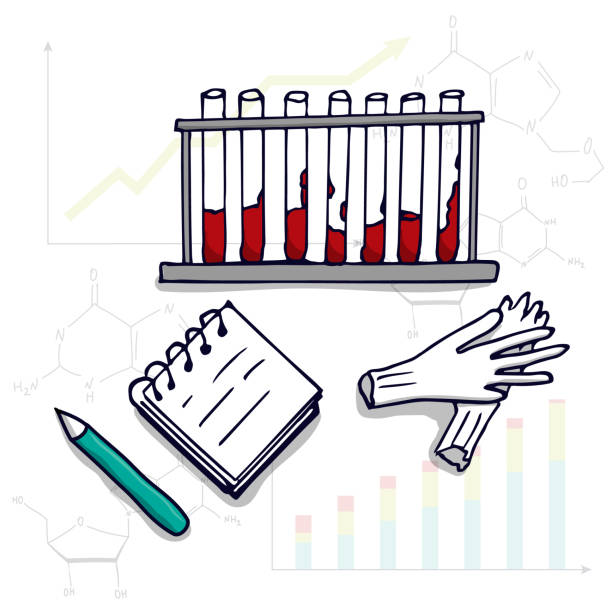 próbki krwi, zapisy i rękawice, przedmioty laboratoryjne. kontur odręczny, wektor. na tle grafiki i formuł z pierścieni benzenowych. - structural formula audio stock illustrations