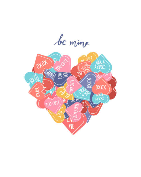 ilustraciones, imágenes clip art, dibujos animados e iconos de stock de vector valentine día postal con ser mi frase caligrafía. - candy heart candy valentines day heart shape