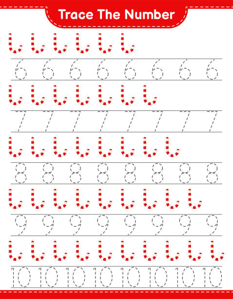 ilustrações, clipart, desenhos animados e ícones de rastreie o número. traçando o número com candy canes. jogo infantil educativo, planilha imprimível, ilustração vetorial - hard candy flash