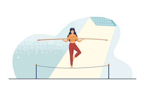 Show actress balancing on rope. Audience, acrobat, yogi flat vector illustration. Danger, risk, challenge concept for banner, website design or landing web page