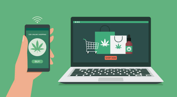 menschliche hand mit smartphone verbinden mit laptop bestellen cannabis oder cbd produkt online - sale e commerce internet computer stock-grafiken, -clipart, -cartoons und -symbole