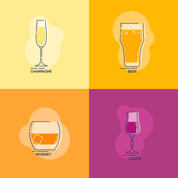 ilustrações, clipart, desenhos animados e ícones de cerveja, uísque e cerveja de taça de vinho, arte da linha de champanhe em estilo plano. ilustração alcoólica do restaurante para design de celebração. ícone do contorno da bebida. objeto de contorno isolado no cenário de cores - champagne flute wine isolated wineglass