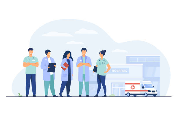 Group of doctors standing at hospital building Group of doctors standing at hospital building. Team of practitioners and ambulance car in background. Vector illustration for medical staff, medicine, job, occupation concept pharmacist cartoon stock illustrations