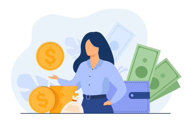 Banker offering loan Banker offering loan. Investor or entrepreneur getting income. Woman with heap of cash, sack and wallet. Vector illustration for finance, money, financial success, profit, business concept savings illustrations stock illustrations