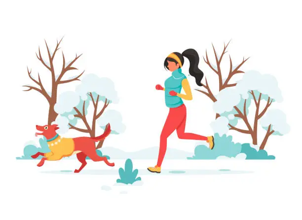 Vector illustration of Woman jogging with dog in winter. Outdoor activity. Vector illustration.