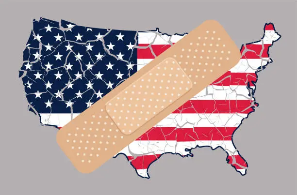 Vector illustration of United States of America Politics Concept Shattered Cracked Grunge USA Flag Map