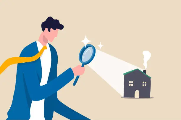 Vector illustration of Searching for new house, look for real estate and accommodation valuation or new rent and mortgage concept, smart businessman using magnifying glass zooming to see house or residential details.
