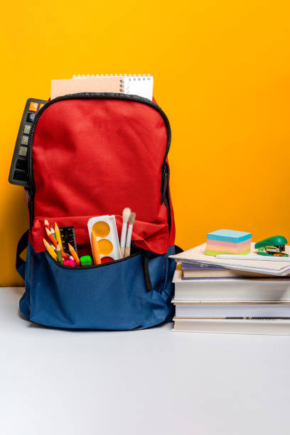 istock School backpack with different colorful stationery on a yellow background. Banner design 1289191114