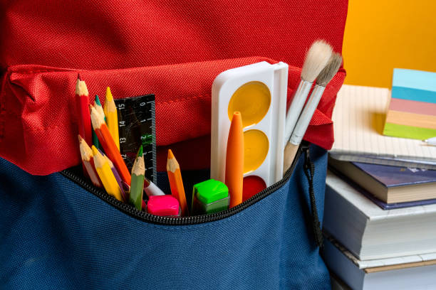 istock School backpack with different colorful stationery on a yellow background. Banner design 1289191159