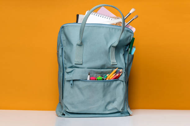 istock Blue backpack with different colorful stationery on a yellow background. Banner design 1289191189