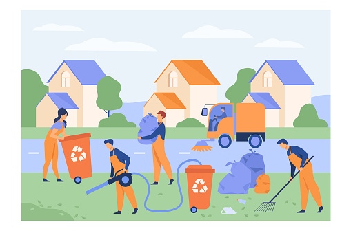 Cleaning workers picking up litter on suburban street, washing road, carrying bag with garbage to trash bin. Vector illustration for cleaner, janitor job, city service concept