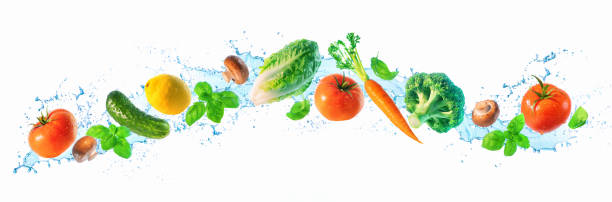istock Fresh vegetables and water splashes on panoramic background 1289191330