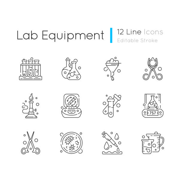 랩 장비 선형 아이콘 세트 - laboratory petri dish chemistry science stock illustrations