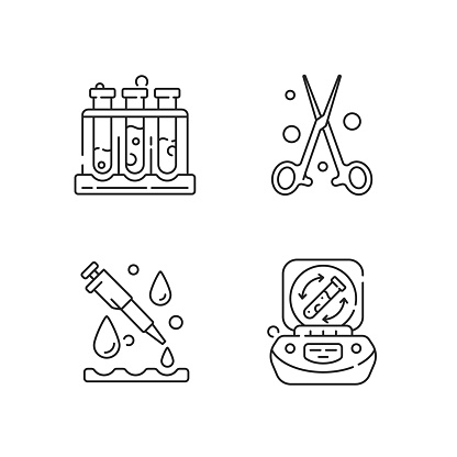 Laboratory instruments linear icons set. Holding upright multiple test tubes. Forceps, pipette. Customizable thin line contour symbols. Isolated vector outline illustrations. Editable stroke