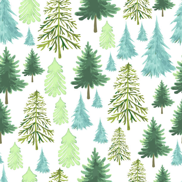 illustrazioni stock, clip art, cartoni animati e icone di tendenza di festive christmas trees motivo senza cuciture, diverse forme di specie alberi, acquerello verde e blu colore, come simbolo felice anno nuovo, festa di buon natale. texture di vacanza disegnata a mano vettoriale con abete rosso, pineta, isolata su bianco - 1750