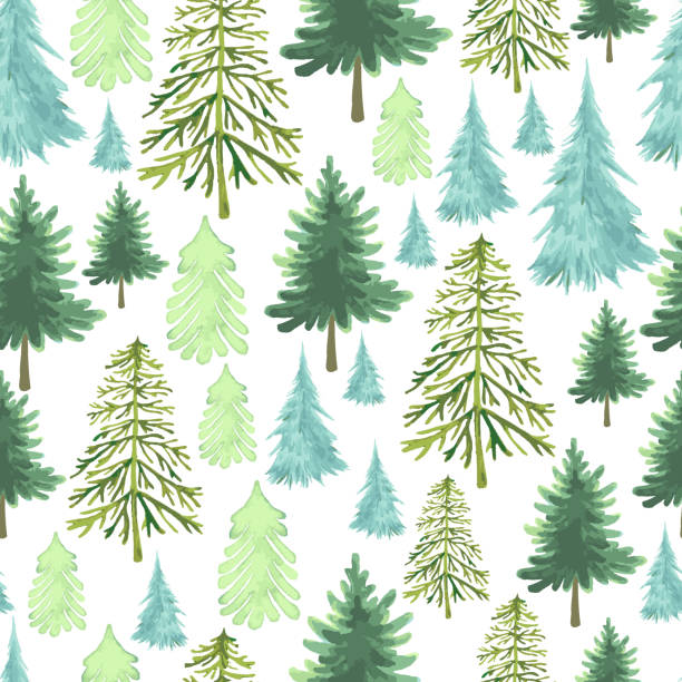 ilustrações de stock, clip art, desenhos animados e ícones de festive christmas trees seamless pattern, different forms of species trees, watercolor green and blue color, as symbol happy new year, merry christmas holiday celebration. vector hand drawn holiday texture with spruce, pine trees forest, isolated on white - 1750