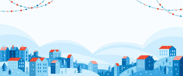 ilustraciones, imágenes clip art, dibujos animados e iconos de stock de paisaje urbano en un estilo plano minimalista geométrico. ciudad de nieve festiva en invierno decorada con guirnaldas. casas acogedoras en una colina entre árboles. año nuevo y feliz navidad. estandarte horizontal abstracto - winter scape