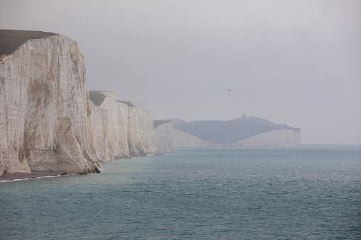 Winter view of the iconic chalk cliffs on the South Downs in East Sussex, England