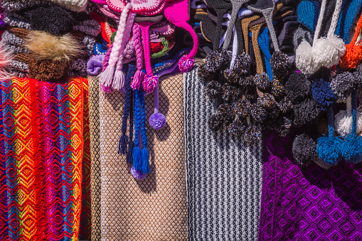 Cusco Market: colorful and typical peruvian Textiles and clothes - Peru,  South America