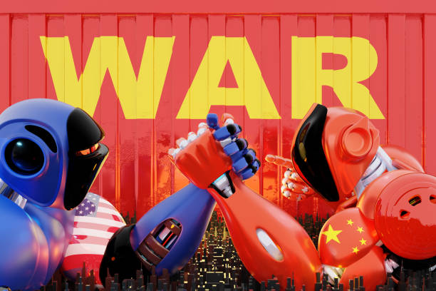 guerra comercial de estados unidos y china, guerra de robots, lucha de brazos - ilustración 3d - conflict competition arm wrestling business fotografías e imágenes de stock