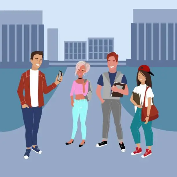 Vector illustration of Group of students with books and gadgets in hands talking near the university, youth on the territory of the educational institution, vector illustration in flat style.