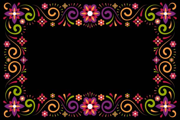 블랙 배경에 꽃 장식 장식 프레임 - backgrounds multi colored ornate pattern stock illustrations