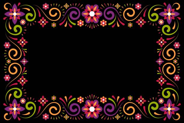 Floral ornament decorative frame on black background Mexican, Floral ornament, decorative frame on black background. Traditional folk pattern frame with flowers. Vector illustration. mexico stock illustrations