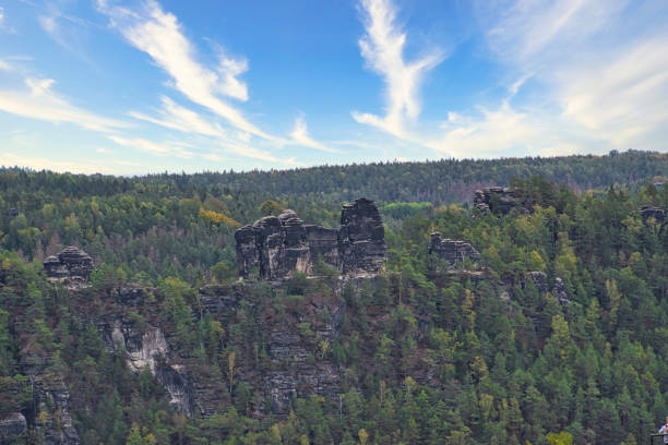 Aerial view of forest and Bastei Bridge in the Elbe Sandstone Mountains in springtime