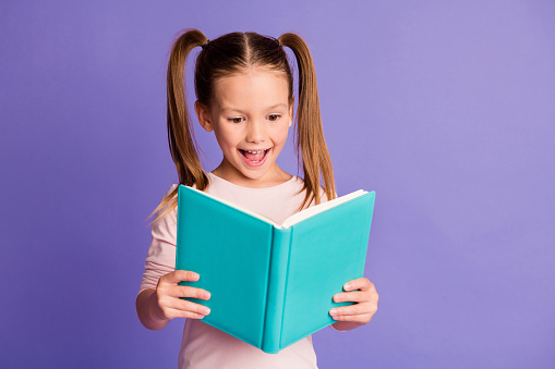 Photo of optimistic happy little girl hold read book study wear pullover isolated on violet color background.