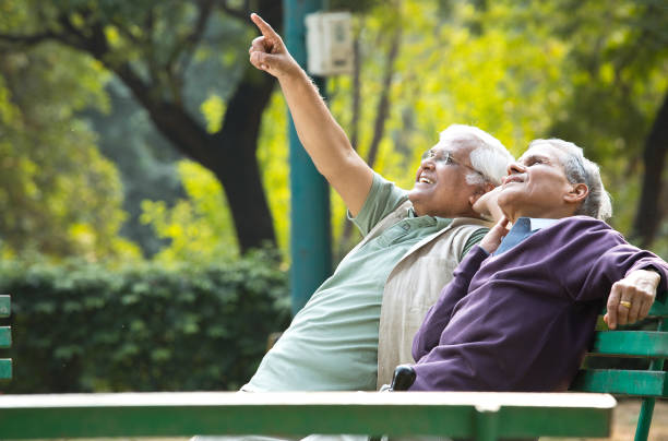 istock Two senior men admiring view at park 1289205245