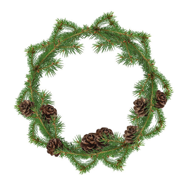 istock Christmas fir wreath decorated with pine cones on white background 1289205481