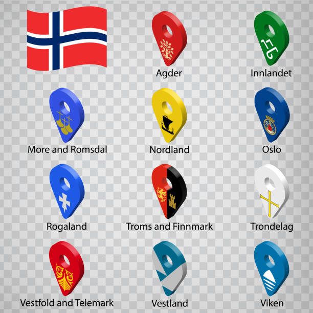 ilustrações, clipart, desenhos animados e ícones de onze bandeiras dos condados da noruega - ordem alfabética com nome.  conjunto de placas de geolocalização 3d como bandeiras regiões da noruega.  cinco sinais de geolocalização 3d para o seu projeto. eps10 - more objects
