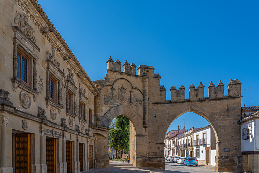 BAEZA, SPAIN OCTOBER 16.2020: Villalar arch and Jaen Gate in Baeza. Renaissance city in the province of Jaen. World heritage site by UNESCO. Andalusia, Spain